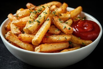 Canvas Print - Bowl of Golden French Fries with Ketchup and Parsley