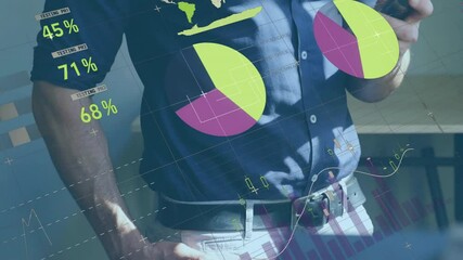 Poster - Animation of financial data processing over caucasian businessman using smartphone