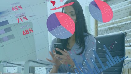 Wall Mural - Animation of financial data processing over biracial businesswoman using smartphone