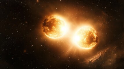 Wall Mural - a binary star system, with two suns orbiting each other in a distant galaxy, casting light across ne