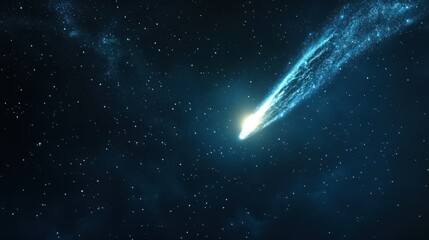 Wall Mural - a bright comet streaking across the dark sky, its tail glowing as it passes by distant stars.