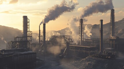 Industrial mining facility with smokestacks releasing steam into the air