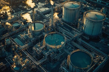 Wall Mural - Aerial View of an Industrial Complex with Smoke and Large Storage Tanks