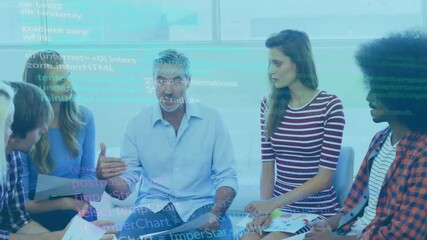 Poster - Animation of data processing over diverse colleagues discussing work in office