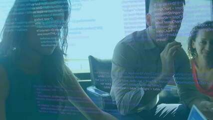Poster - Animation of data processing over diverse colleagues discussing work in office