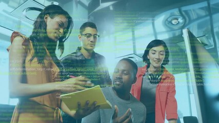 Poster - Animation of data processing over diverse colleagues discussing work in office