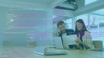 Poster - Animation of data processing over diverse colleagues discussing work in office