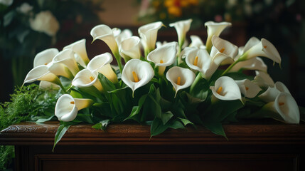 Wall Mural - white calla lilies on coffin at funeral ceremony in church, death, christianity, burial, death, liturgy, faith, ceremonial flowers, temple, farewell to deceased, postcard, religion, religious rite