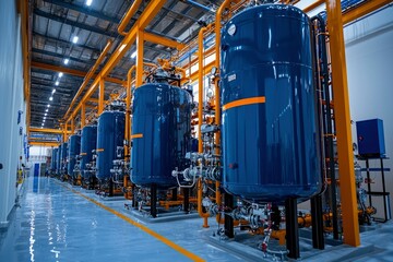 Industrial Facility with Rows of Blue Tanks and Yellow Pipes