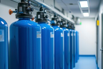 Wall Mural - Row of Blue Cylindrical Tanks in Industrial Setting