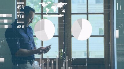 Poster - Animation of financial data processing over caucasian businessman using smartphone