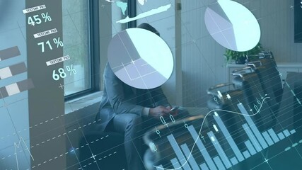 Poster - Animation of financial data processing over caucasian businessman using smartphone