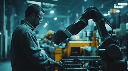 Poster - worker interacts with automated robotic arm in a modern manufacturing facility during evening hours