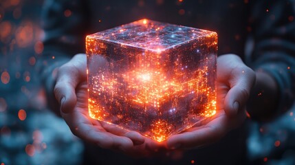 Poster - Glowing Cube Held in Hands