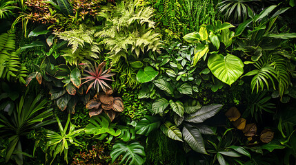 Wall Mural - A variety of plants with different shades of green and textures growing together in a humid section of the Amazon rainforest 