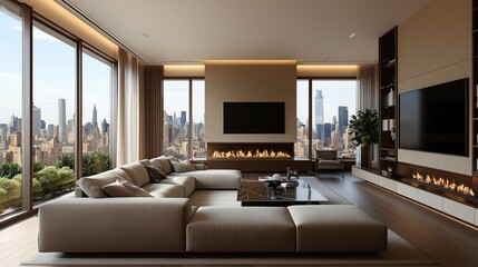 Poster - modern living room with panoramic city view featuring large windows, comfortable seating, and stylis