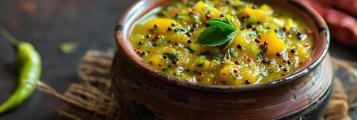 Poster - Green Mango Curry Chutney, a classic Bengali dish, features a tantalizing blend of sweet and tangy flavors from fresh green mangoes.