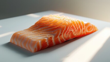 Close up of a fresh gourmet sashimi salmon fillet arranged on a white plate  The vibrant orange and pink hues of the fish create a visually appealing and appetizing presentation