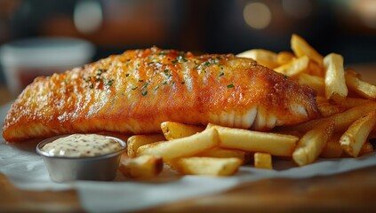 Wall Mural - Crispy Fried Fish and Chips with Creamy Sauce