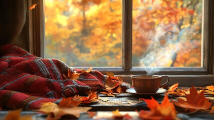 Warm cup of coffee on a window sill with fall leaves and blanket