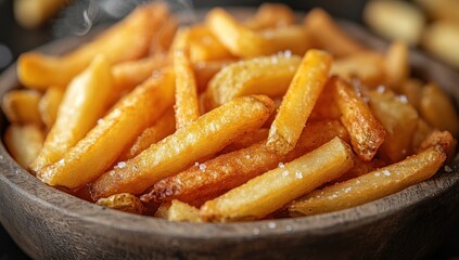 Canvas Print - Golden French Fries in a Wooden Bowl