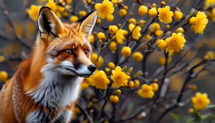 Red fox posing amidst vibrant yellow flowering scrub