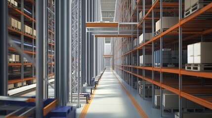 Poster - modern warehouse interior with high shelves, organized pallets, and efficient layout for streamlined