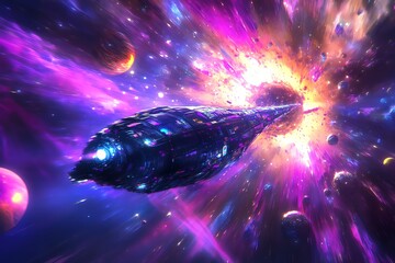 Worms-eye view of a futuristic spacecraft ascending through a vibrant galaxy, minimalist design with surreal floating planets, digital art, vivid colors, ethereal lighting