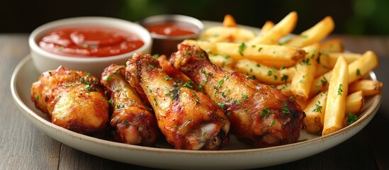 Appetizing Fried Chicken Wings and French Fries