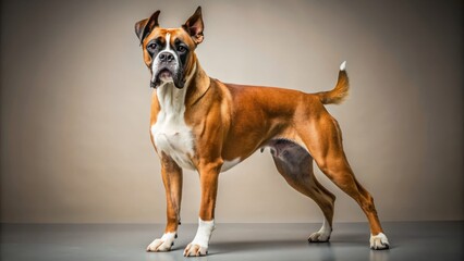 A lean and agile Handsome Boxer dog with cropped ears and docked tail stands with purposeful intensity before