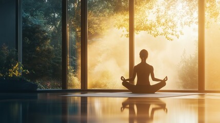 Wall Mural - Morning yoga practice in a serene indoor space with sunlight filtering through large windows and nature visible outside