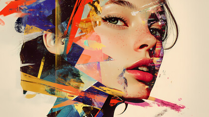 Wall Mural - Abstract art portrait of young woman, girl face in vintage collage style, generative ai. Collage. Illustration