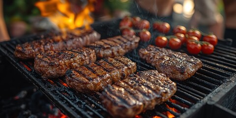 Wall Mural - Juicy Steaks Grilling on a Charcoal BBQ