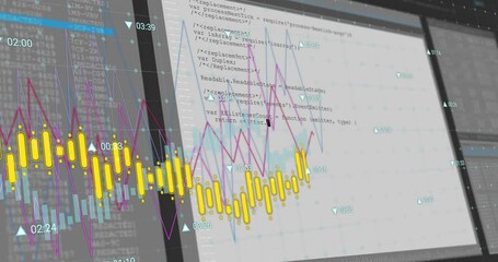 Poster - Animation of financial data processing over screens on black background