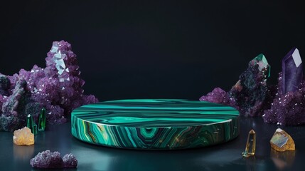 Poster - A sleek 3D podium made of malachite, placed in a dark, minimalist setting with sparkling minerals like amethyst and citrine glowing softly in the background