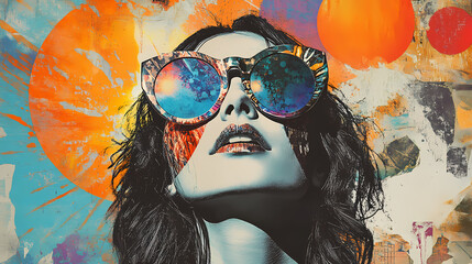 An art collage of a girl in creative glasses on the background of an abstract sun. Collage. Illustration