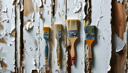 Wall Mural - Renewal and Transformation: A Paintbrush Reviving a Weathered Wooden Surface with Fresh White Paint