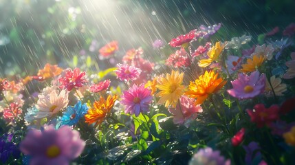 Wall Mural - Vibrant wildflowers soaking in refreshing rain during a sunny afternoon in a lush garden setting