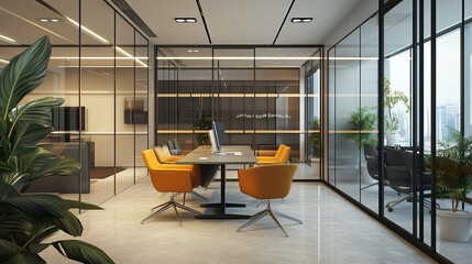 Poster - modern office interior featuring glass partitions, stylish seating, and a sleek workspace with a cit