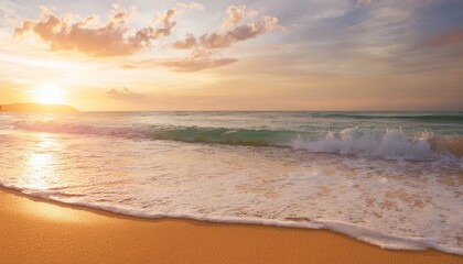 Wall Mural - tranquil beach scene with gentle waves golden sand and foamy surf under a pastel sunset sky ideal for travel blogs summer promotions and relaxation themes