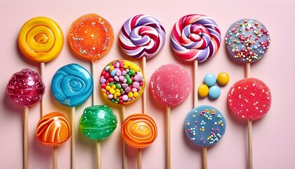 Wall Mural - Whimsical display of colorful lollipops and candies on a pastel backdrop, creating a delightful and cheerful ambiance.