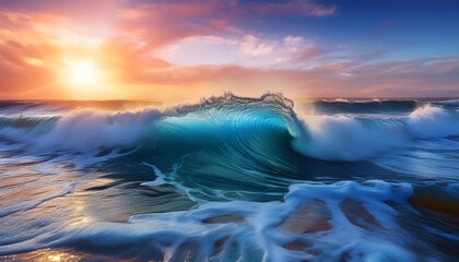 luminous surge a mesmerizing ocean wave glows with ethereal blue light crashing onto the shore as the sun sets in a captivating display of nature s magic