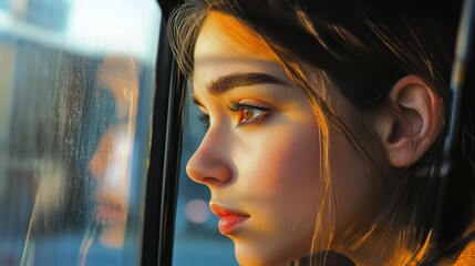 Poster - A young woman gazes thoughtfully out of a car window during sunset, reflecting on her surroundings in a tranquil city environment