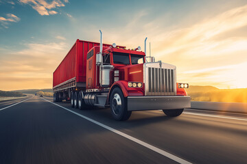 Red american truck delivering cargo at sunset on highway