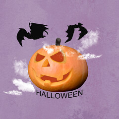 Poster - A Halloween Jack o Lantern pumpkin with a scary face and bats on top of it