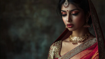 beautiful indian woman wearing traditional jewelry posing in studio