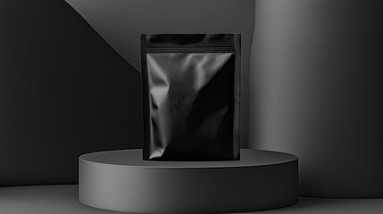 Aufkleber - Black doypack pouch standing on a black stage with a modern minimal background