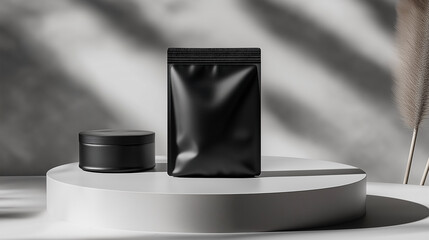 Poster - Black doypack pouch and cosmetic jar mockup on white podium