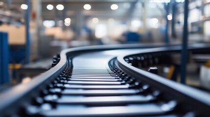 Canvas Print - Curved conveyor belt winding through a modern warehouse showcasing automated logistics and distribution systems in action