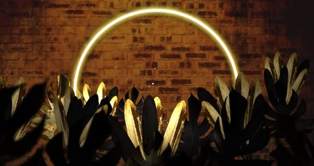 Poster - animation of neon circle and leaves on brick background